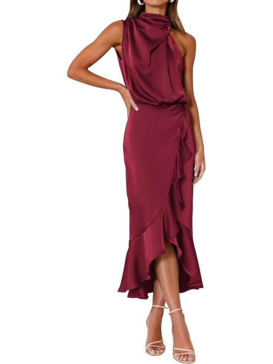 Women's Wine Red Summer Satin Mock Neck Sleeveless Wrap Ruffle Formal Midi Dress